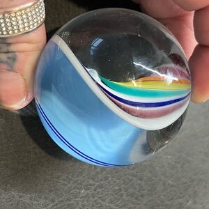 Handblown Glass Marble with Blue and Rainbow Swirl